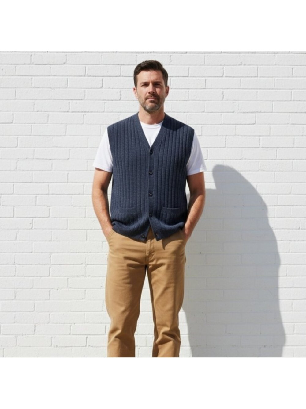 Vintage Mens Cardigan Sweater Vest Blue Gray Pockets Size Large Eclectic 90s